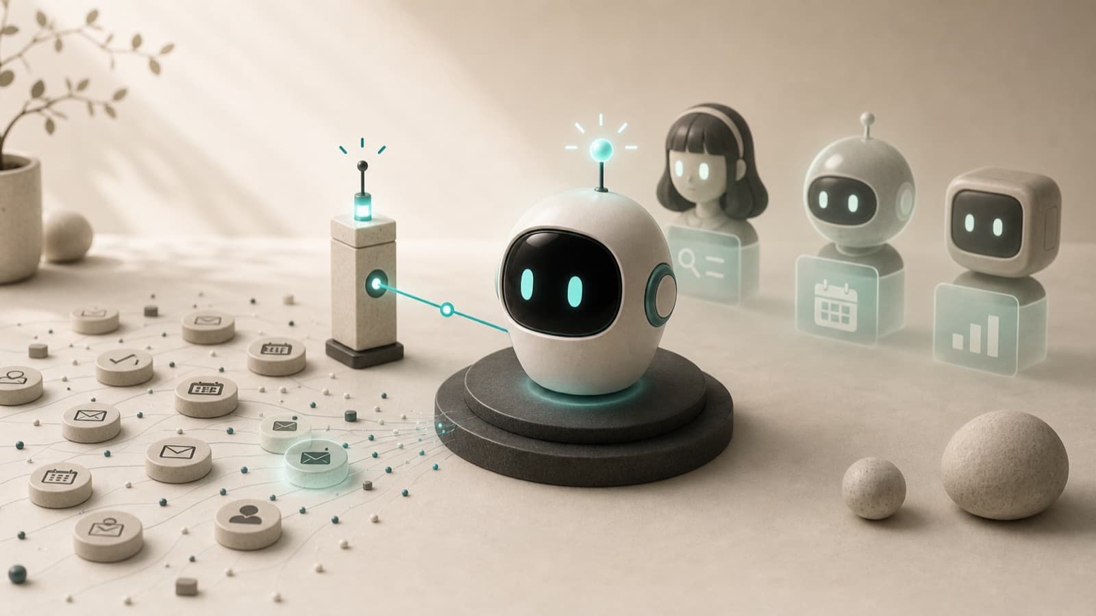 AI assistant waking from one precise interrupt while scheduler and analyst agents wait nearby.