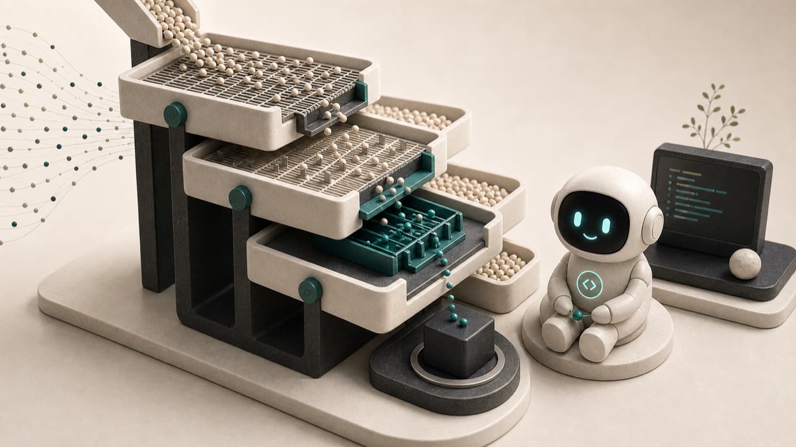 AI assistant beside cascade filter trays that reduce raw events before model reasoning.