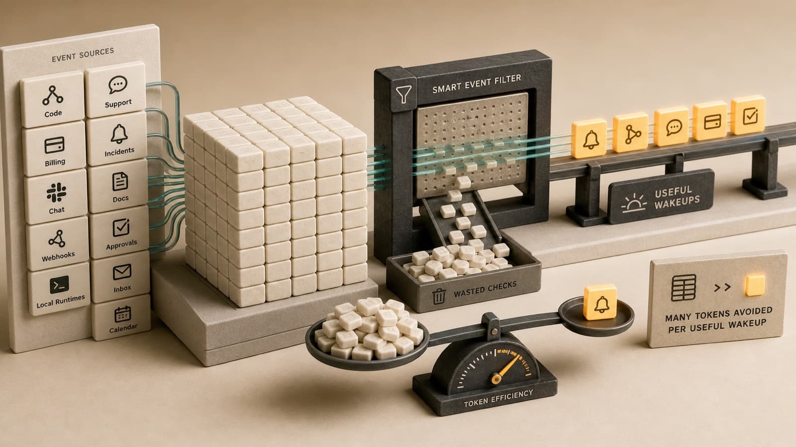 Token efficiency scene where many token blocks are filtered down to a few useful wakeup cards.