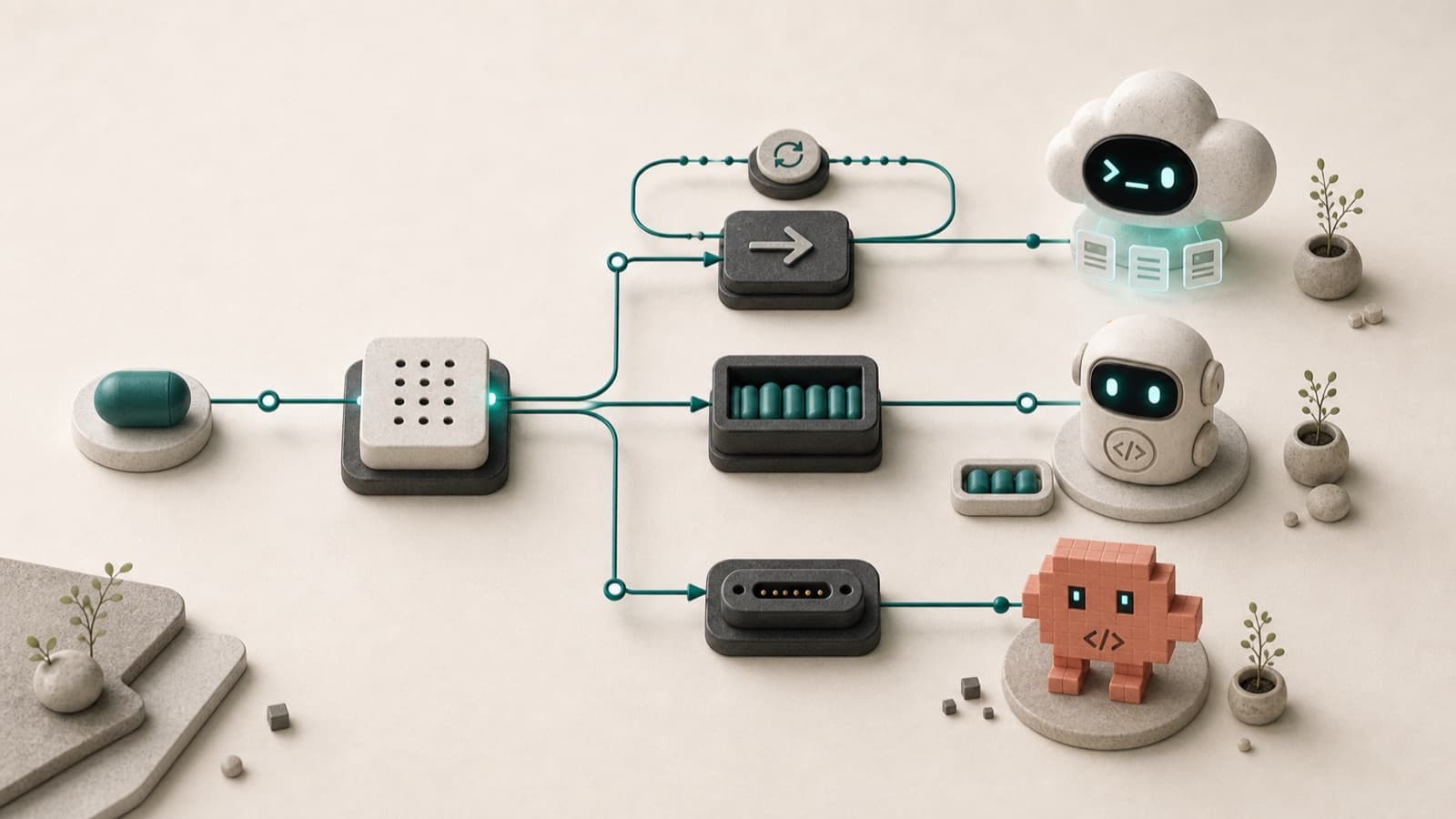 Codex-style cloud agent, local bot, and Claude Code-style mascot receiving routed events.