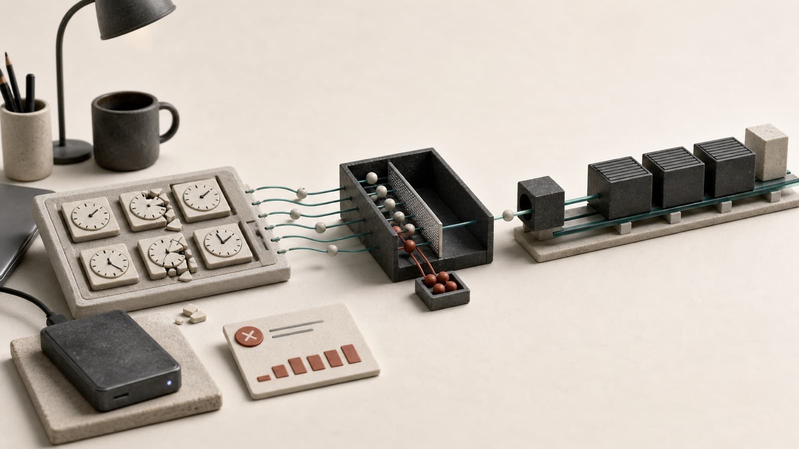 Personal agent workstation with broken cron tiles, backup drives, and a filtered event queue for safer background work.