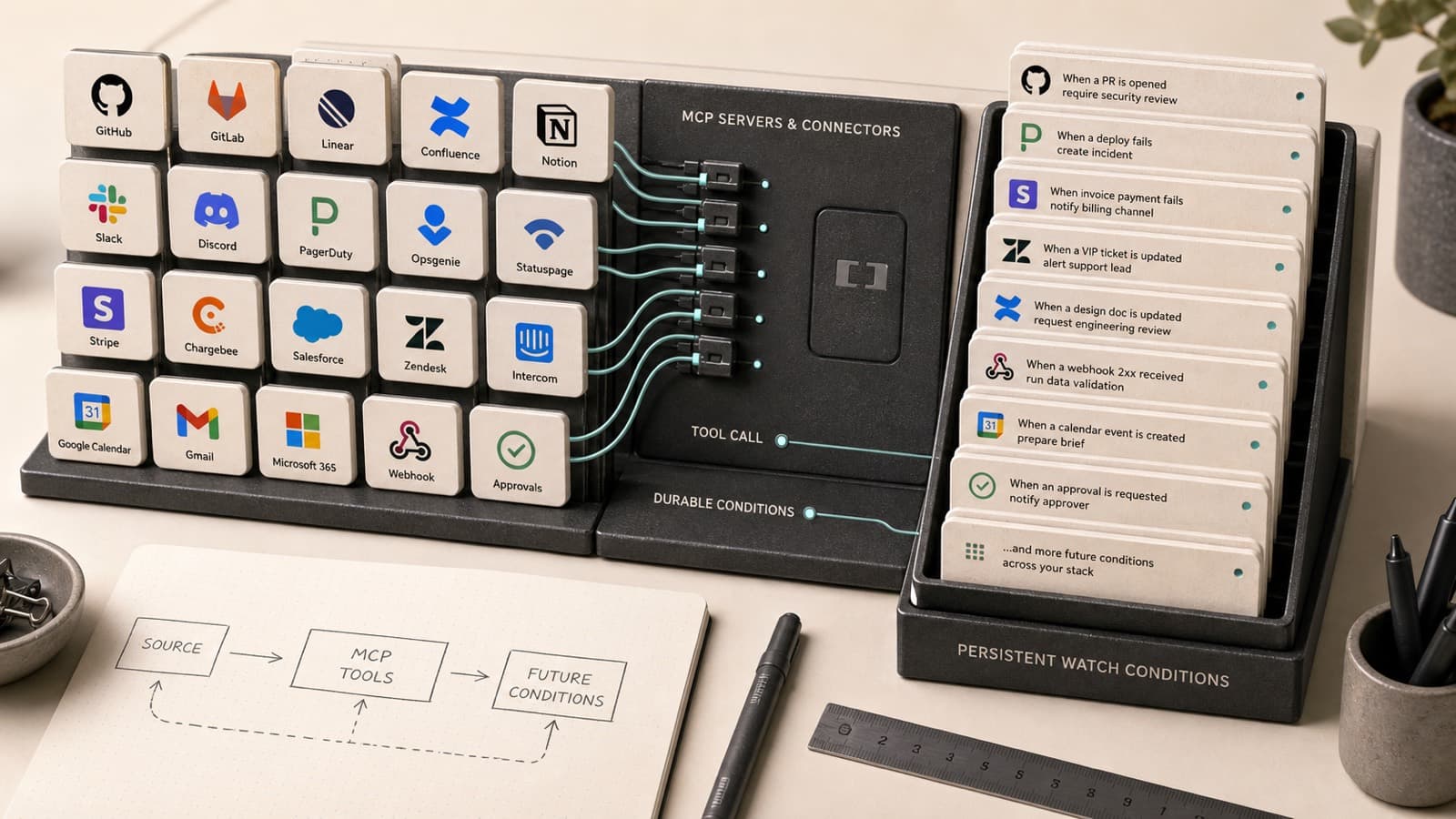 MCP connector board turning many source tools into persistent future-condition watch cards.