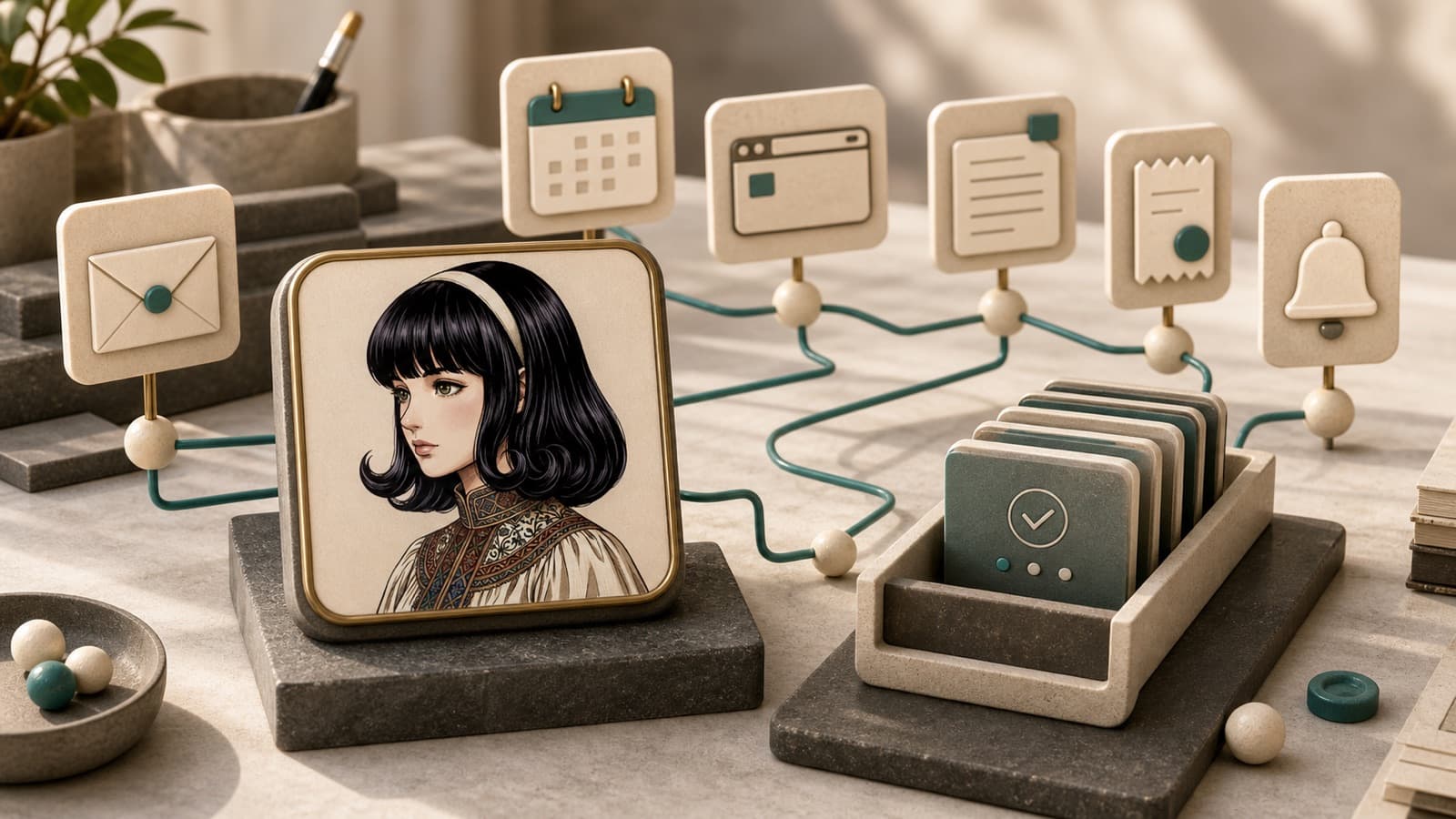 Hermes avatar identity tile connected to personal workflow cards, reminders, receipts, and a filtered work queue.
