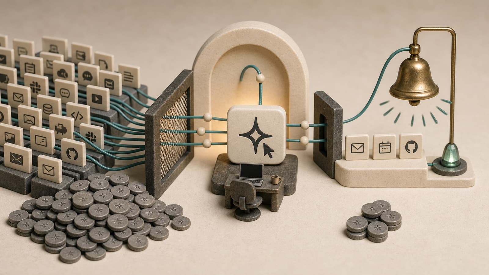 Agent glyph behind a filter gate with a wakeup bell, noisy source cards, and fewer token counters after matching.